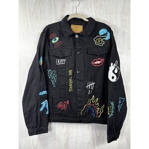 Rue21 Black Graphic Denim Jacket L Streetwear Urban Y2K Grunge